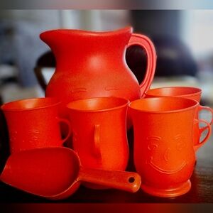 Smiley Face Red Pitcher and Mug Set